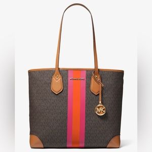 💯% AUTHENTIC MICHAEL KORS Eva Large Signature Logo Stripe Tote Bag